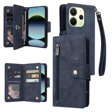 Custodia in pelle a tre pieghe con fibbia a rivetto per Redmi Note 14 4G da 164,84 mm e 9 carte (blu)