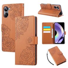Custodia in pelle con 3 slot per carte di credito e motivo a fiori di rosa per Realme 10 Pro 5G (marrone)