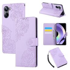 Custodia in pelle con 3 slot per carte di credito e motivo a fiori di rosa per Realme 10 Pro 5G (viola)