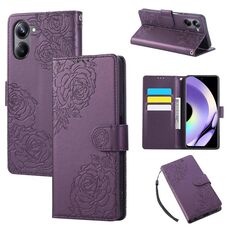 Custodia in pelle con 3 slot per carte e motivo a fiori di rosa per Realme 10 Pro 5G (viola scuro)