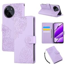 Custodia in pelle con 3 slot per carte di credito e motivo a rose in rilievo per Realme 11 4G Global (viola)