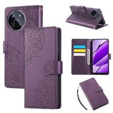 Custodia in pelle con 3 slot per carte di credito e motivo a rose in rilievo per Realme 11 4G Global (viola scuro)