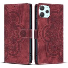 Custodia per telefono in pelle smerigliata retrò con motivo mandala in rilievo per Xiaomi Poco M6 Pro 5G / Redmi 12 (rossa)