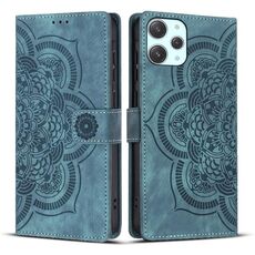 Custodia per telefono in pelle smerigliata retrò con motivo mandala in rilievo per Xiaomi Poco M6 Pro 5G / Redmi 12 (blu)