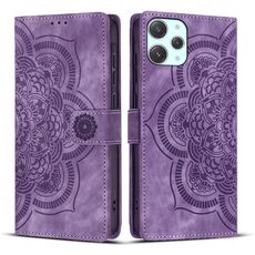 Custodia per telefono in pelle smerigliata retrò con motivo mandala in rilievo per Xiaomi Poco M6 Pro 5G / Redmi 12 (viola)