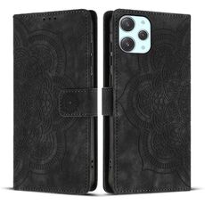 Custodia per telefono in pelle smerigliata retrò con motivo mandala in rilievo per Xiaomi Poco M6 Pro 5G / Redmi 12 (nera)