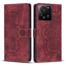 Custodia per telefono in pelle smerigliata retrò con motivo mandala in rilievo per Xiaomi 13T / 13T Pro (rossa)