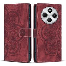 Custodia per telefono in pelle smerigliata retrò con motivo mandala in rilievo per Redmi 14C / A4 5G (rossa)