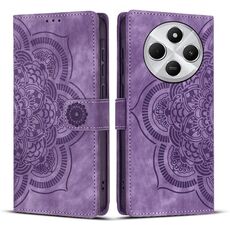 Custodia per telefono in pelle smerigliata retrò con motivo mandala in rilievo per Redmi 14C / A4 5G (viola)