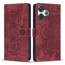 Custodia per telefono in pelle smerigliata retrò con motivo mandala in rilievo per Redmi 13 4G / 5G (rosso)