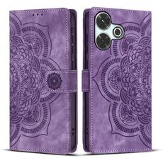 Custodia per telefono in pelle smerigliata retrò con motivo mandala in rilievo per Redmi 13 4G / 5G (viola)