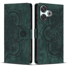 Custodia per telefono in pelle smerigliata retrò con motivo mandala in rilievo per Redmi 13 4G / 5G (verde)