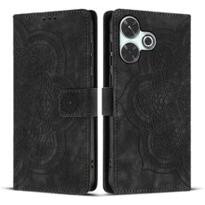 Custodia per telefono in pelle smerigliata retrò con motivo mandala in rilievo per Redmi 13 4G / 5G Global (nera)