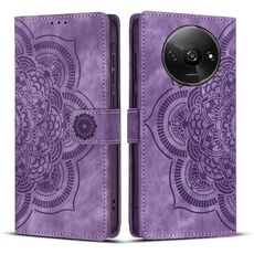 Custodia per telefono in pelle smerigliata retrò con motivo mandala in rilievo per Redmi A3 / Poco C61 4G (viola)