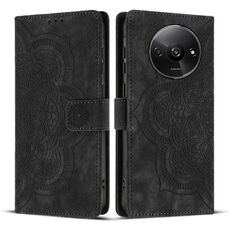 Custodia per telefono in pelle smerigliata retrò con motivo mandala in rilievo per Redmi A3 / Poco C61 4G (nera)