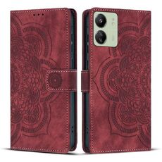 Custodia per telefono in pelle smerigliata retrò con motivo mandala in rilievo per Redmi 13C 4G / 5G (rossa)