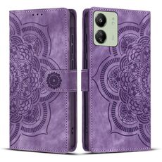 Custodia per telefono in pelle smerigliata retrò con motivo mandala in rilievo per Redmi 13C 4G / 5G (viola)