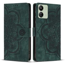Custodia per telefono in pelle smerigliata retrò con motivo mandala in rilievo per Redmi 13C 4G / 5G (verde)