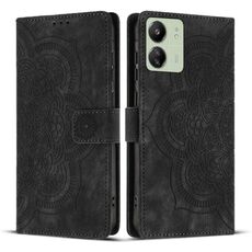 Custodia per telefono in pelle smerigliata retrò con motivo mandala in rilievo per Redmi 13C 4G / 5G (nera)