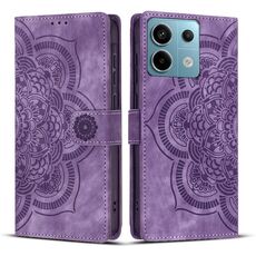 Custodia per telefono in pelle smerigliata retrò con motivo mandala in rilievo per Redmi Note 13 5G (viola)