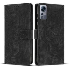 Custodia per telefono in pelle smerigliata retrò con motivo mandala in rilievo per Redmi Note 11S / 12S (nera)