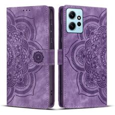 Custodia per telefono in pelle smerigliata retrò con motivo mandala in rilievo per Redmi Note 12 4G (viola)