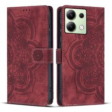 Custodia per telefono in pelle smerigliata retrò con motivo mandala in rilievo per Redmi Note 13 4G (rossa)