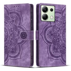 Custodia per telefono in pelle smerigliata retrò con motivo mandala in rilievo per Redmi Note 13 4G (viola)