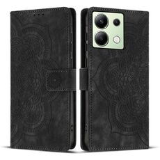 Custodia per telefono in pelle smerigliata retrò con motivo mandala in rilievo per Redmi Note 13 4G (nera)