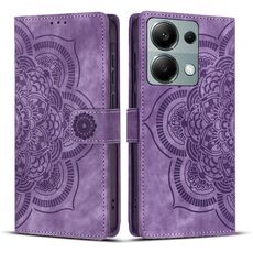 Custodia per telefono in pelle smerigliata retrò con motivo mandala in rilievo per Redmi Note 13 Pro 4G (viola)