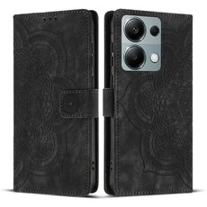 Custodia per telefono in pelle smerigliata retrò con motivo mandala in rilievo per Redmi Note 13 Pro 4G (nera)