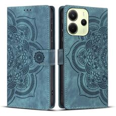 Custodia per telefono in pelle smerigliata retrò con motivo mandala in rilievo per Redmi Note 14 4G da 164,84 mm (blu)