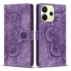 Custodia per telefono in pelle smerigliata retrò con motivo mandala in rilievo per Redmi Note 14 4G da 164,84 mm (viola)
