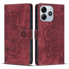 Custodia per telefono in pelle smerigliata retrò con motivo mandala in rilievo per Redmi Note 14 5G (rossa)
