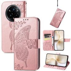 Custodia in pelle con stampa a farfalla e fiori per Realme 14 Pro+ (oro rosa)