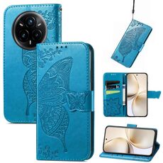 Custodia in pelle con stampa a farfalla e fiori per Realme 14 Pro+ (blu)