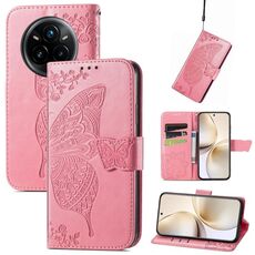 Custodia in pelle goffrata con motivo a farfalla e fiori per Realme 14 Pro+ (rosa)