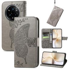 Custodia in pelle con stampa a farfalla e fiori per Realme 14 Pro+ (grigio)
