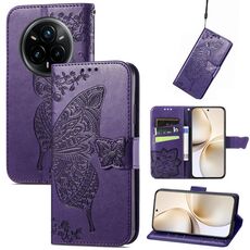 Custodia in pelle goffrata con motivo a farfalla e fiori per Realme 14 Pro+ (viola)