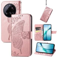 Custodia in pelle goffrata con motivo a farfalla e fiori per Xiaomi 15 Ultra (oro rosa)