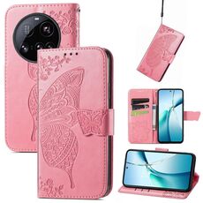 Custodia in pelle goffrata con motivo a farfalla e fiori per Xiaomi 15 Ultra (rosa)