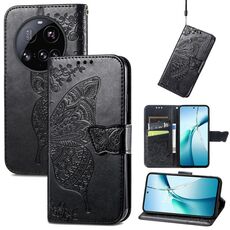 Custodia in pelle goffrata con motivo a farfalla e fiori per Xiaomi 15 Ultra (nera)