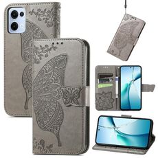 Custodia in pelle goffrata con motivo a farfalla e fiori per OPPO Reno13 Pro (grigio)