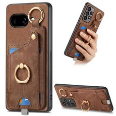 Custodia per telefono con anello e passante per Google Pixel 9a, effetto pelle retrò (marrone)