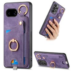Custodia per telefono con anello e passante per Google Pixel 9a, effetto pelle retrò (viola)