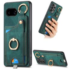 Custodia per telefono con anello e passante per Google Pixel 9a, effetto pelle retrò (verde)