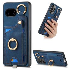 Custodia per telefono con anello e passante per Google Pixel 9a, effetto pelle retrò (blu)