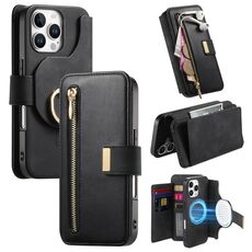 Custodia in pelle con cerniera ad anello per iPhone 16 Pro Max, anti-RFID, MagSafe (nera)