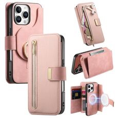 Custodia per iPhone 16 Pro con cerniera ad anello, protezione RFID e MagSafe in pelle (rosa)