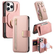 Custodia in pelle con cerniera ad anello per iPhone 13 Pro Max, anti-RFID, MagSafe (rosa)